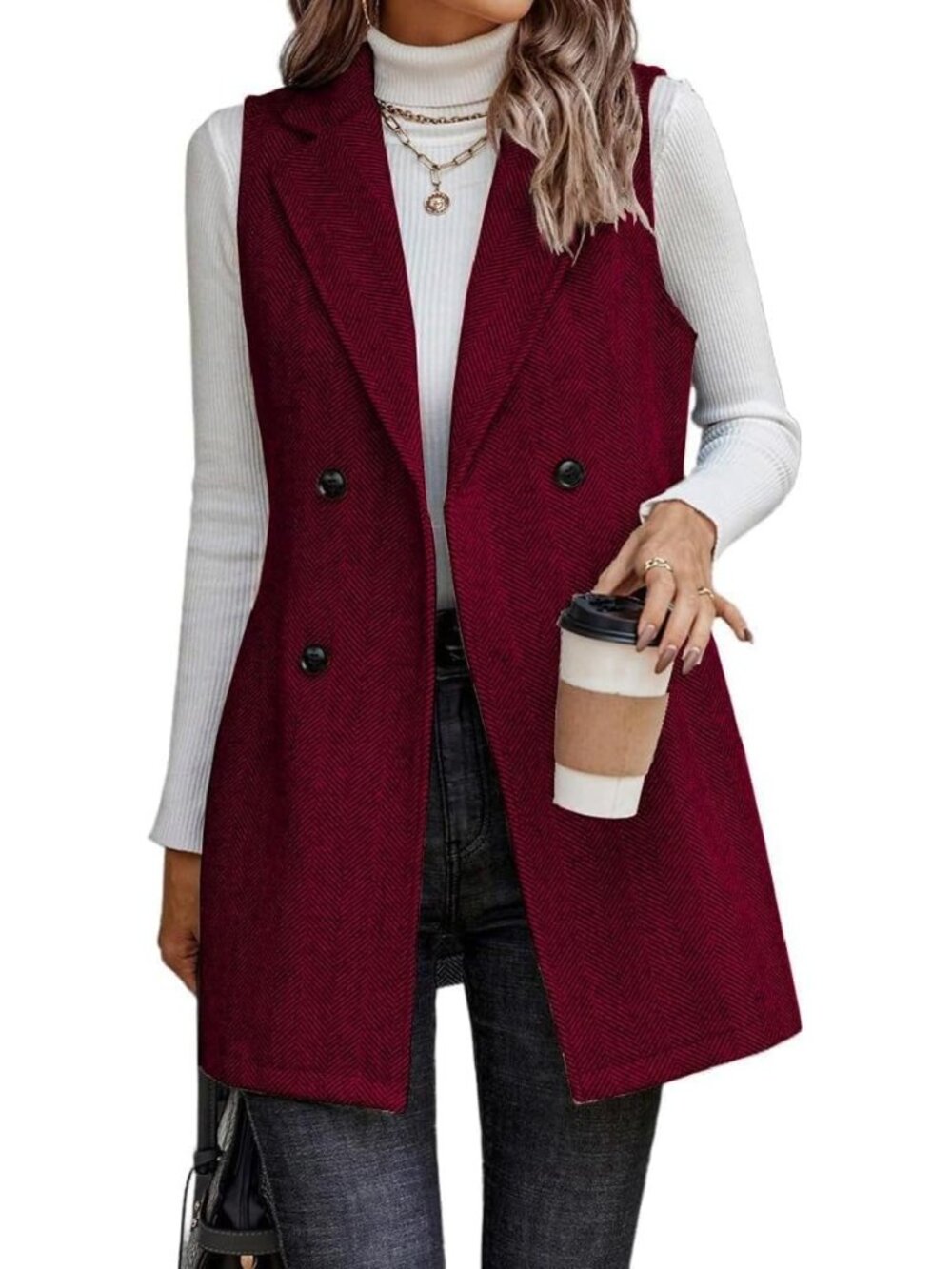 Women Wine Notch Collar Sleeveless Cardigan Outerwear Tweed Blazer Fall Jackets